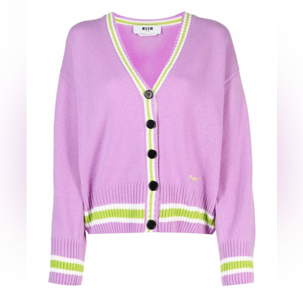 Msgm Lavender Cardigan With Green And White Stripes